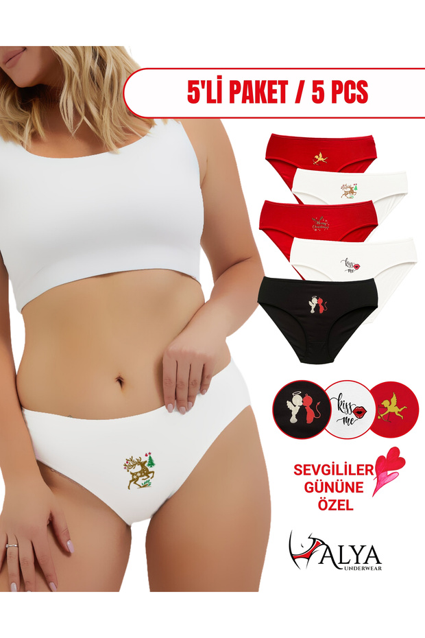 Women's Red Slip Panties, Valentine's Day Special Printed Red Cotton Underwear - Pack of 5