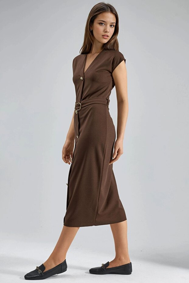 BUSEM Kemerli V Yaka Midi Elbise - 5