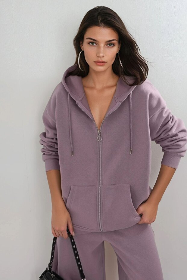 BUSEM Kapüşonlu Oversize Fermuarlı Ceket - 1