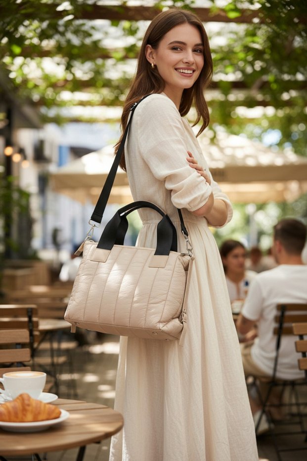 Women's Cream Embroidered Puff Bag with Column Holder