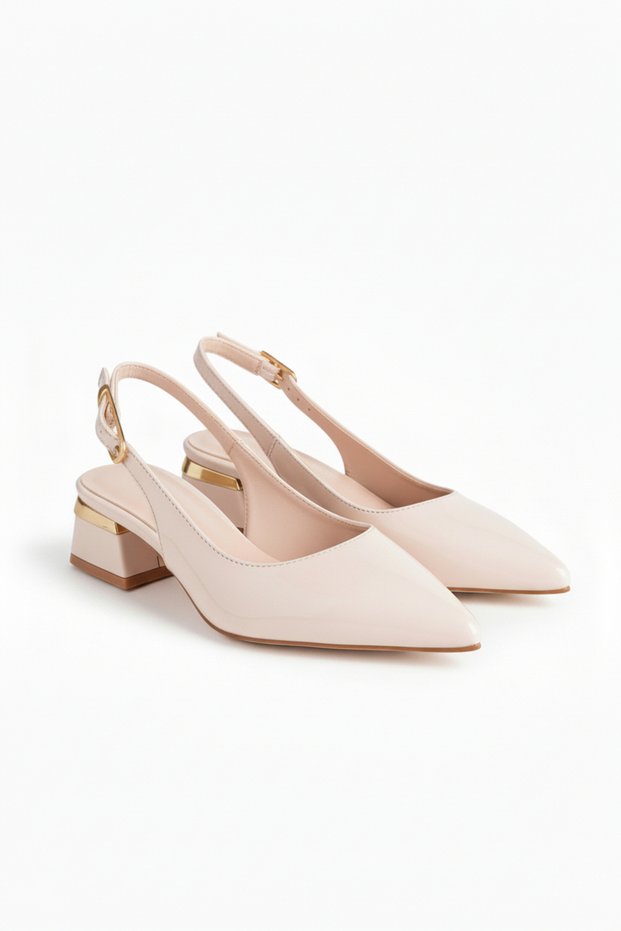 Women's Beige Patent Leather Strappy New Season Low Heel Shoes with Golden Buckle