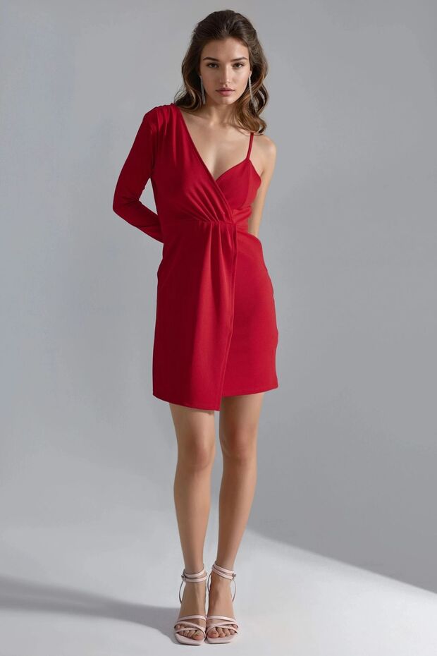 BUSEM Tek Omuz V Yaka Mini Elbise - 1