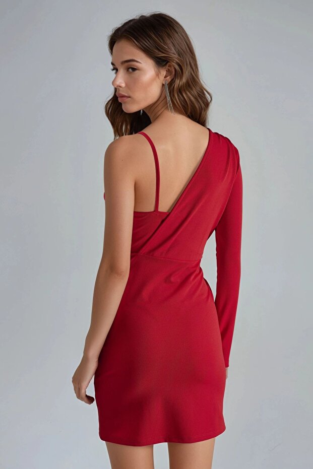 BUSEM Tek Omuz V Yaka Mini Elbise - 2
