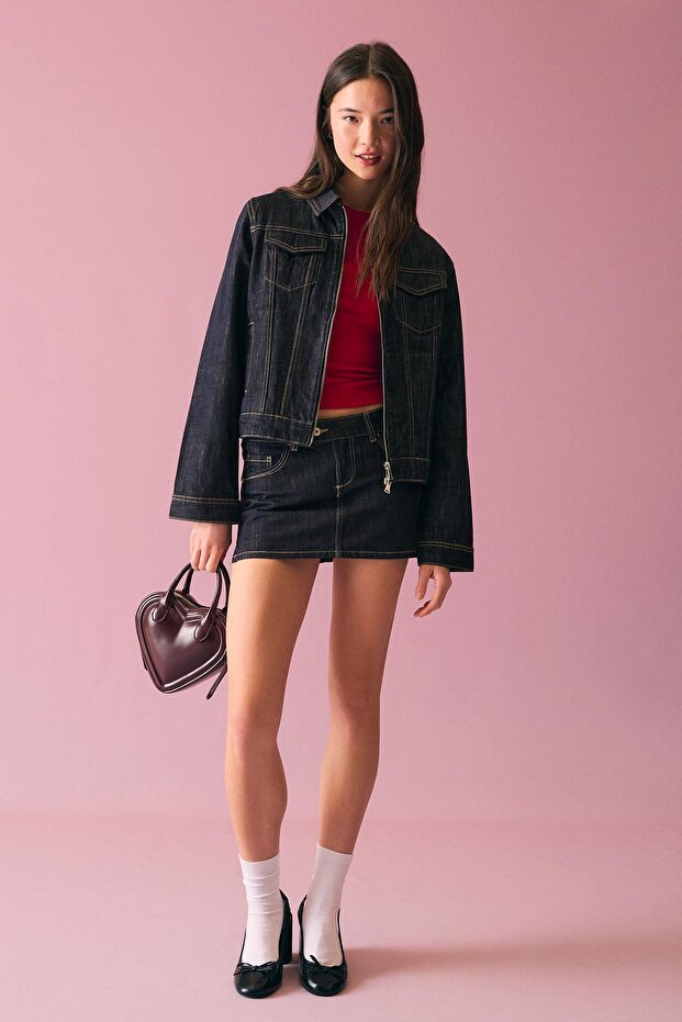 İşlemeli mini denim etek - 2