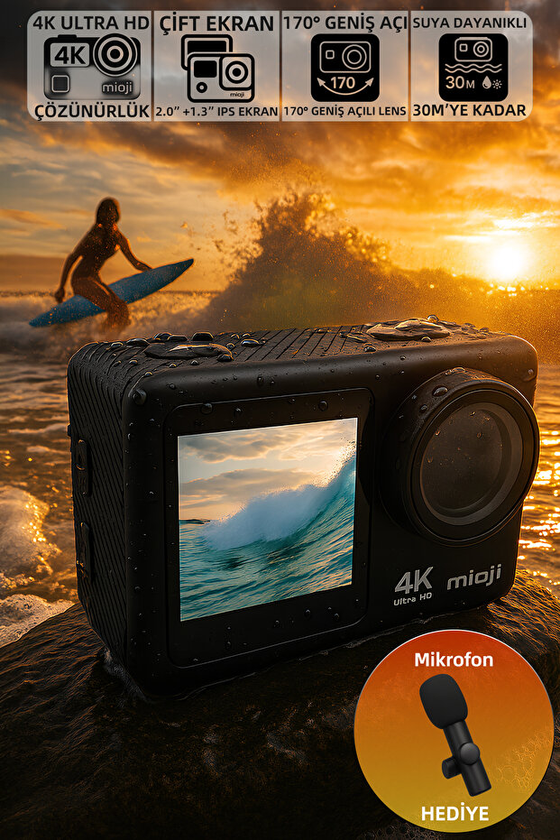 Mioji Action 12X 4K 60FPS 20MP Çift Ekran 170° Aksiyon Kamerası - Mikrofon Hediyeli