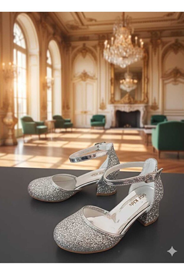 Silver Shiny Children's Karniyarik Heelled Evening Shoes