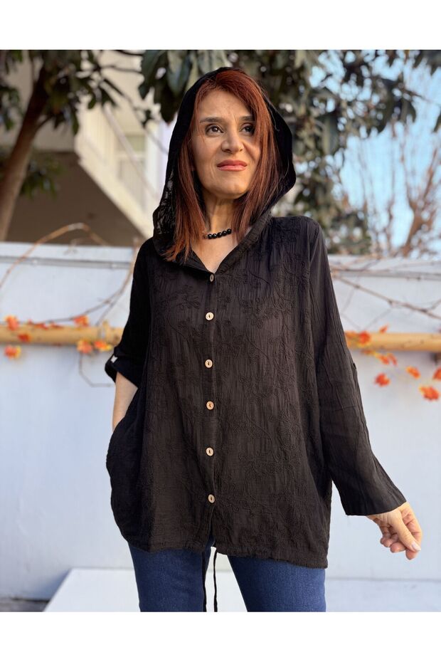 Cămașă Brode Pattern cu glugă Negru - 2