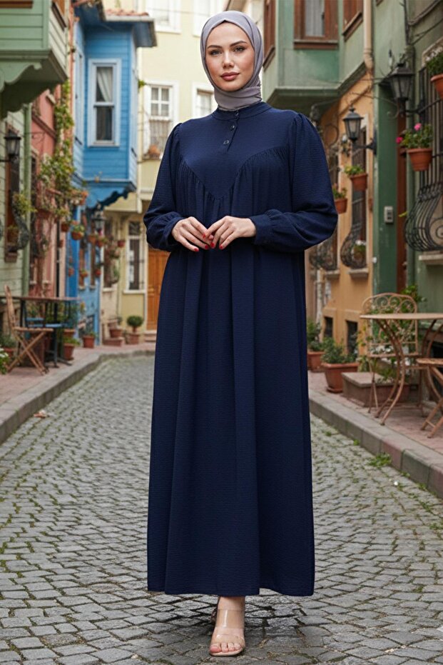 Buttoned Front Eva Hijab Dress Navy Blue Hm2757