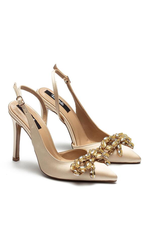 Women's High Heel Stone-Embellished Bow Satin Evening Shoes 350