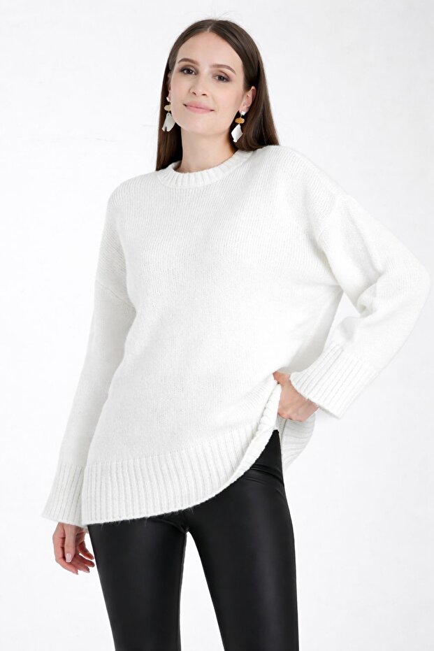 Oversize Basic Beyaz Uzun Kadın Kazak - 3