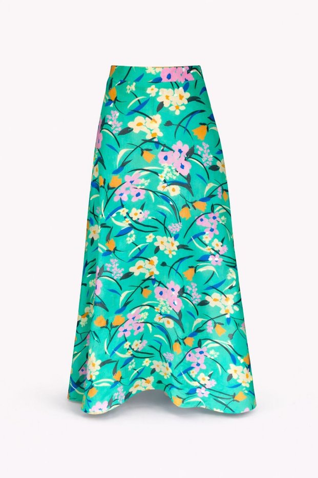 Women's Aqua Green Floral Patterned Long Viscose Skirt