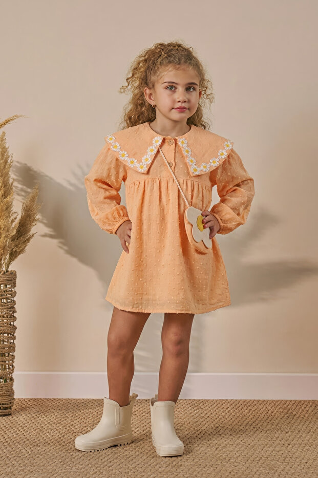 Girl's Baby Collar Muslin Dress with Bag Orange