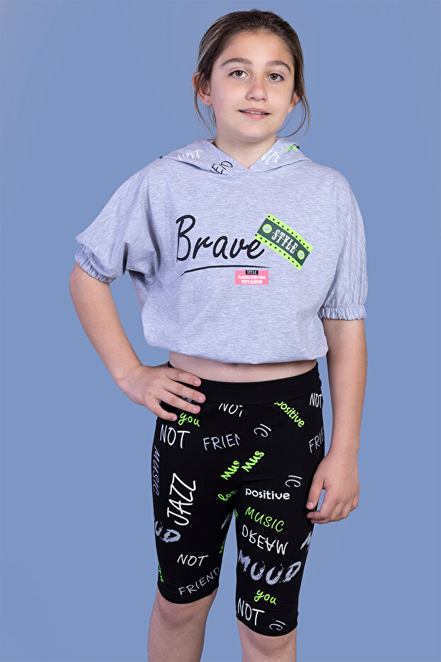 Girl's 2-Piece Set Printed Hooded Short Sleeve Crop Sweatshirt & Basic Plain Crop Leggings