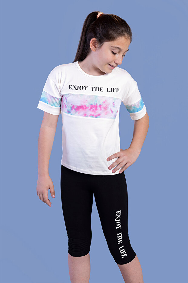 Girl's 2-Piece Set Printed Crew Neck T-Shirt & Basic Plain Crop Leggings & Paneled Detail