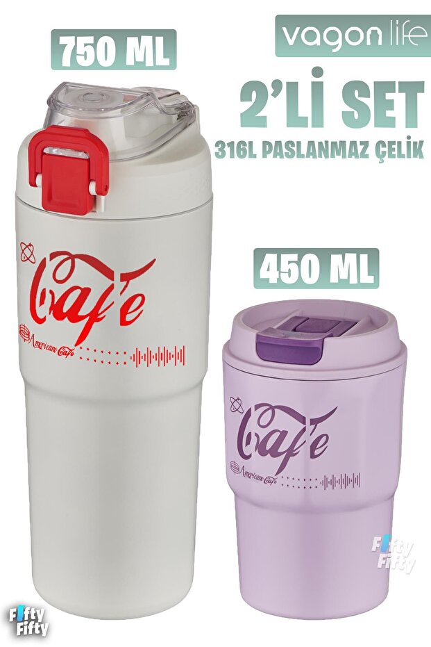 2-piece steel thermos-coffee cup set 750ml dual use thermos//450ml mug coffee cup