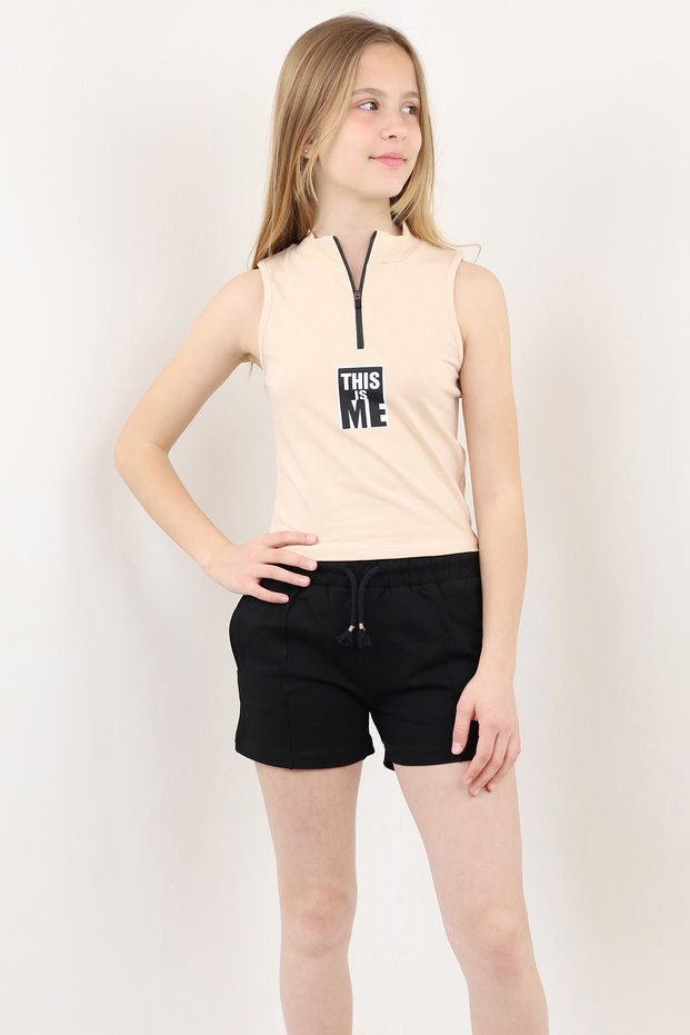 Girl's 2-Piece Set Printed Mock Neck Zippered Blouse & Pocket Shorts with Elastic Waist