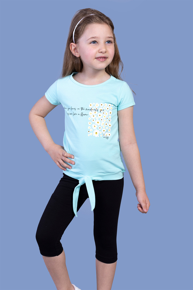 Girl's 2-Piece Set Printed Crew Neck T-Shirt & Basic Plain Crop Leggings - Lace-Up