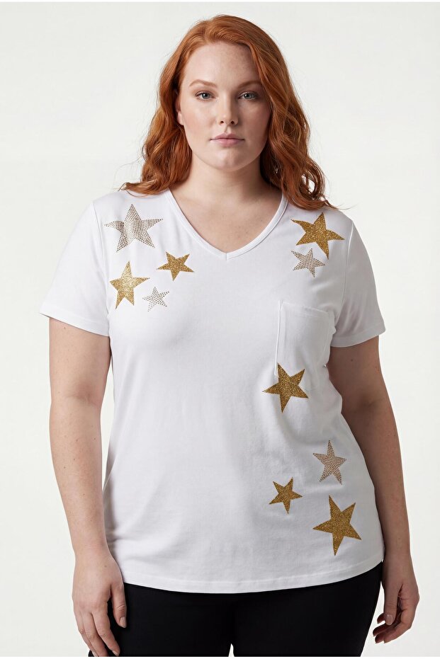 Women's Plus Size Glittery Star Printed White-Yellow Blouse