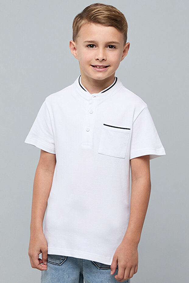 Solid T-Shirt with Stand Collar and Short Sleeves