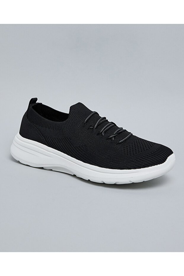 Women Black Knitted Lace Up Casual Shoes