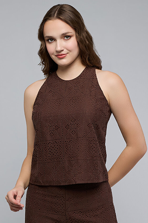 Women Brown Schiffli Sleeveless Top