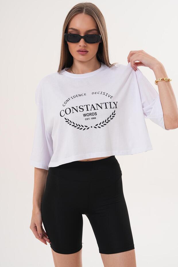 Women's Print Detailed Crew Neck Short Oversize T-Shirt - 260131