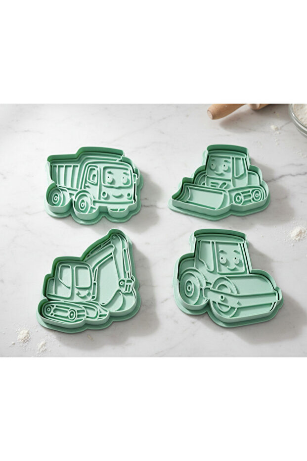 Construction Vehicles Cookie Mold Set of 4 - Scooper Truck Dozer Cylinder Cake Molds