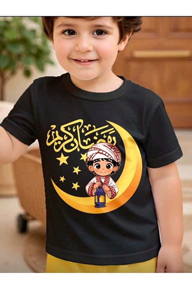 تيشيرت للأولاد مطبوع عليه عيد رمضان، مصنوع من قماش قطني 100%