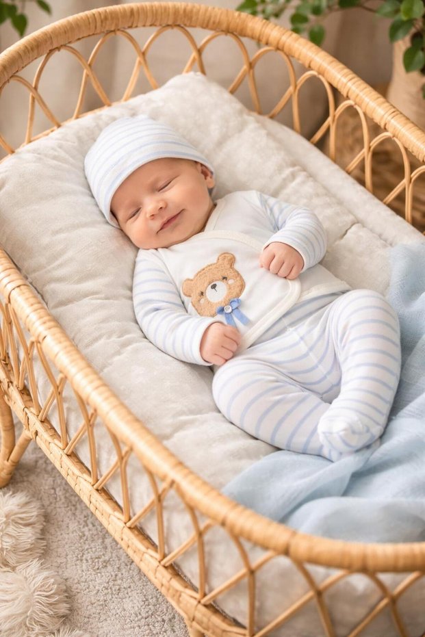 5-Piece Cotton Cute Teddy Bear Patterned Newborn Baby Boy Hospital Discharge Bodysuit Set 0-3 Months (Boxed)
