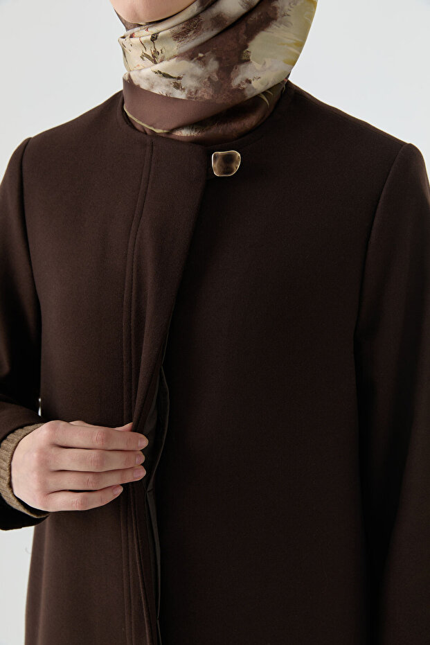 Gizli Pat Düğmeli Basic Manto - Kahve - 5