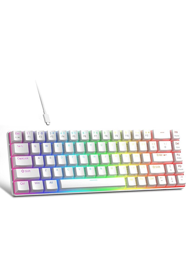 Portable 60% Mechanical Gaming Keyboard, Red Switch, PBT Pudding Keycaps RGB Backlit Compact 68 Keys Mini Wired Office Keyboard for Windows Laptop PC - White