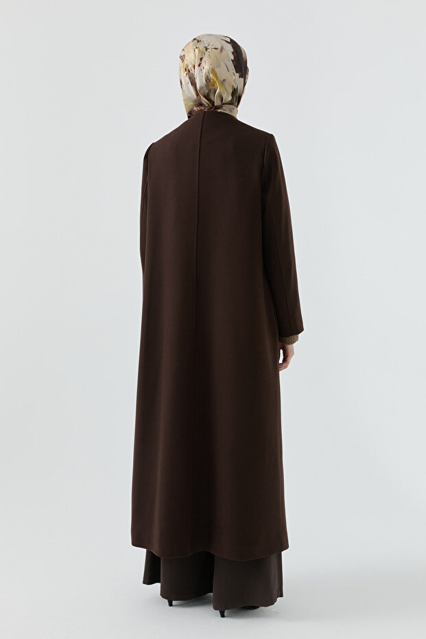 Gizli Pat Düğmeli Basic Manto - Kahve - 6