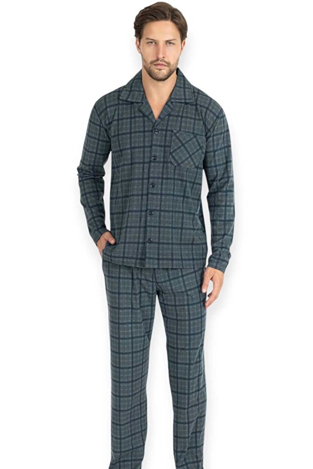 Front Buttoned Long Sleeve Thermal Pajama Set Checkered