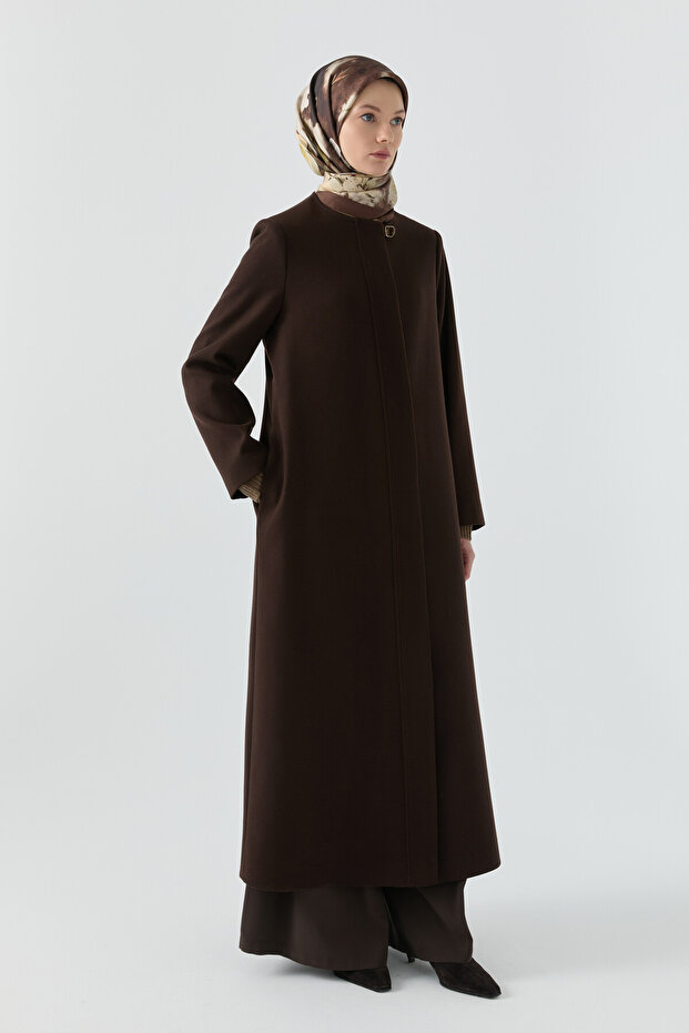 Gizli Pat Düğmeli Basic Manto - Kahve - 3