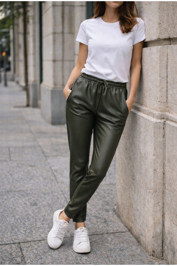 Faux Leather Trousers with Cuff Detail