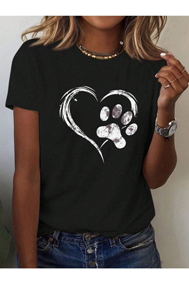 Cotton Crew Neck Printed Skirt Oval Black Basic T-Shirt