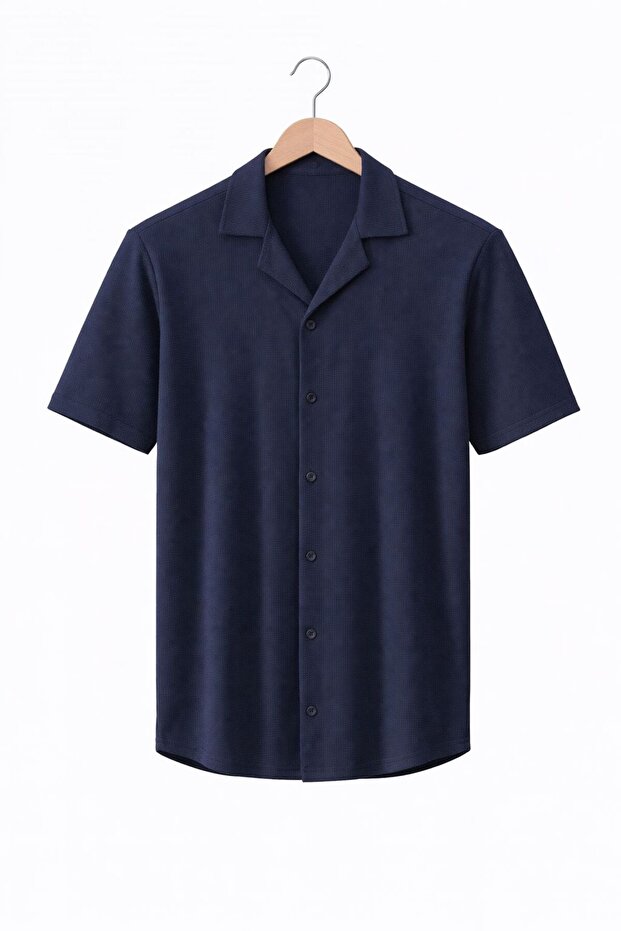 Short-Sleeved Waffle Fabric Shirt Darkesim Slim Fit Basic Cotton
