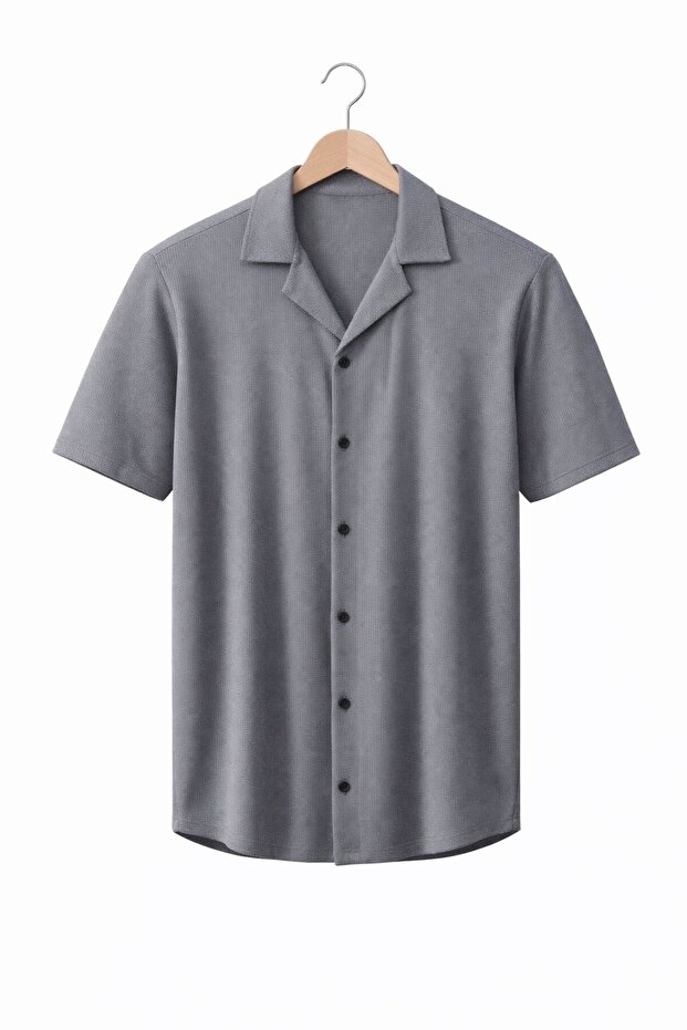 Short-Sleeved Waffle Fabric Shirt Darkesim Slim Fit Basic Cotton