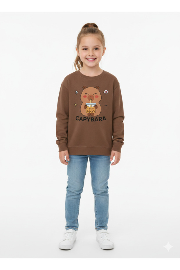 Figure Printed Brown 3-Yarn Comfortable Warm Sweatshirt for Girls/Boys