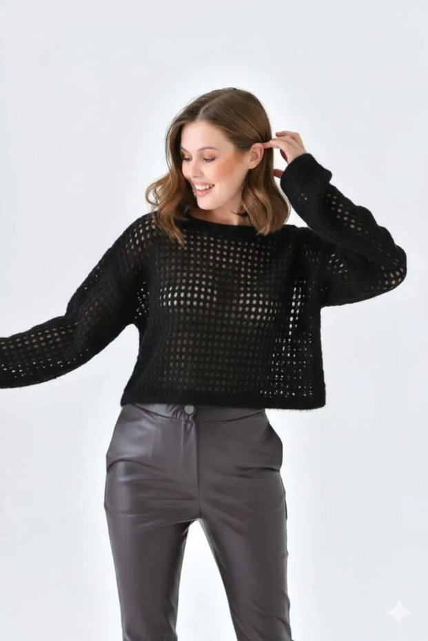 Women's Boat Neck Knit Detail Glitter Crop Knitwear Sweater