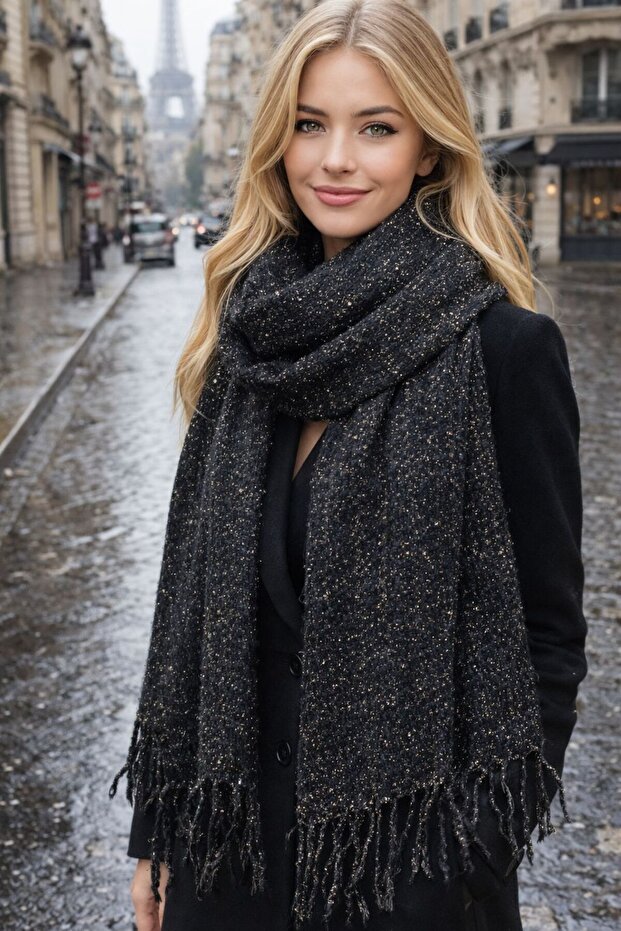 Black Glittery Puff Thick Women's Scarf 45X180 cm