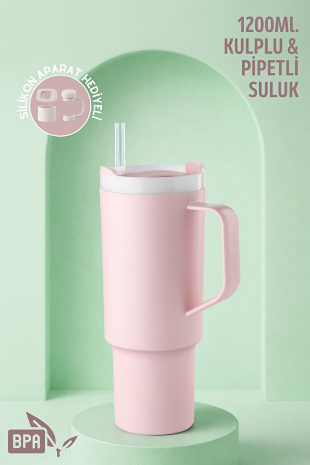 Nandy Home Büyük Boy, Kulplu ve Pipetli 1200Ml. Suluk & Matara - Silikon Aparat Hediyeli