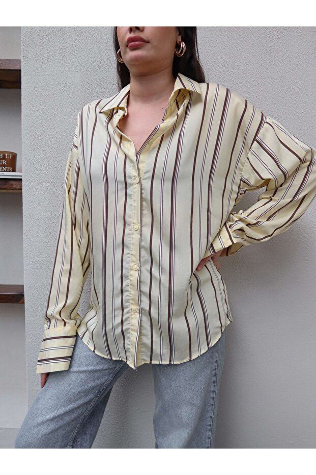 Kalın Çizgili Oversize Gömlek - 3