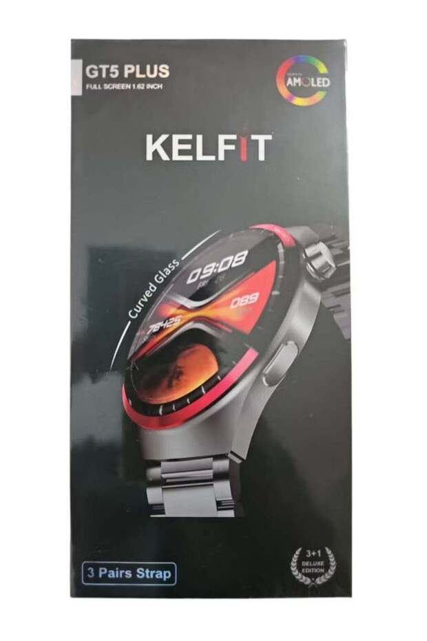 ساعة KELFIT GT5 Plus الذكية بشاشة AMOLED مع 3 أزواج من الأحزمة، شاشة كاملة
