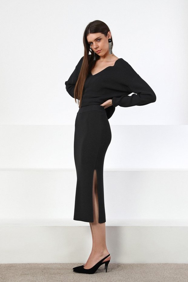 Anthracite Midi Length Viscose Women's Knitwear Skirt with Side Slits