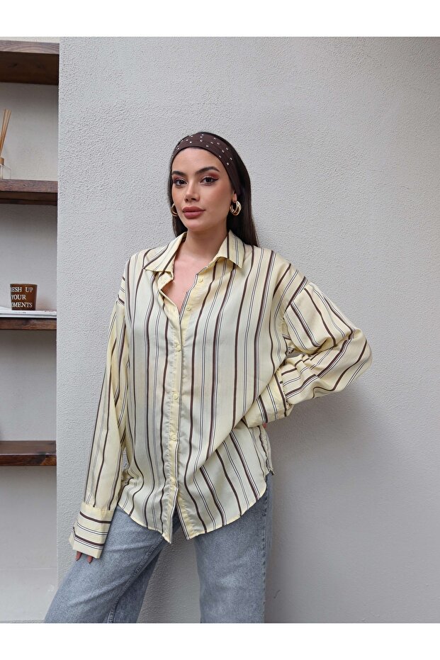 Kalın Çizgili Oversize Gömlek - 1