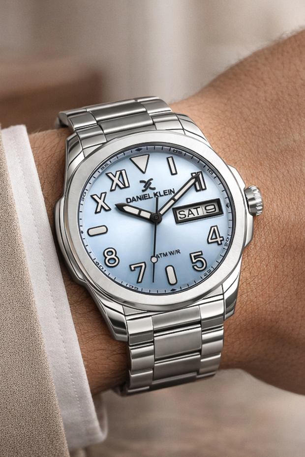 Steel Cord&Case Calendar Men's Wristwatch Watch Bracelet Gift Silver-Light Blue Zmdk1204