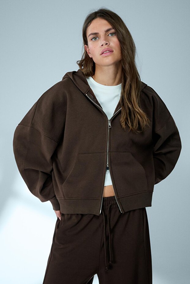 Oversize kapüşonlu fermuarlı sweatshirt - 1