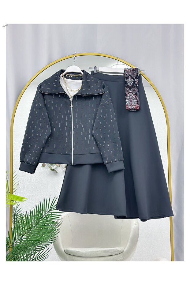 Stone Zippered Jacket Skirt Puff Scuba Double Set