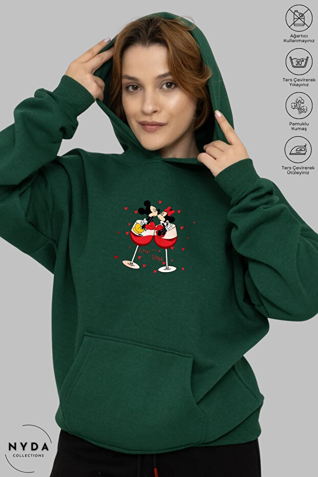 Unisex Hoodie Long Sleeve Mickey Love Printed Hooded Oversized 100% Cotton Combed Cotton Sweatshirt